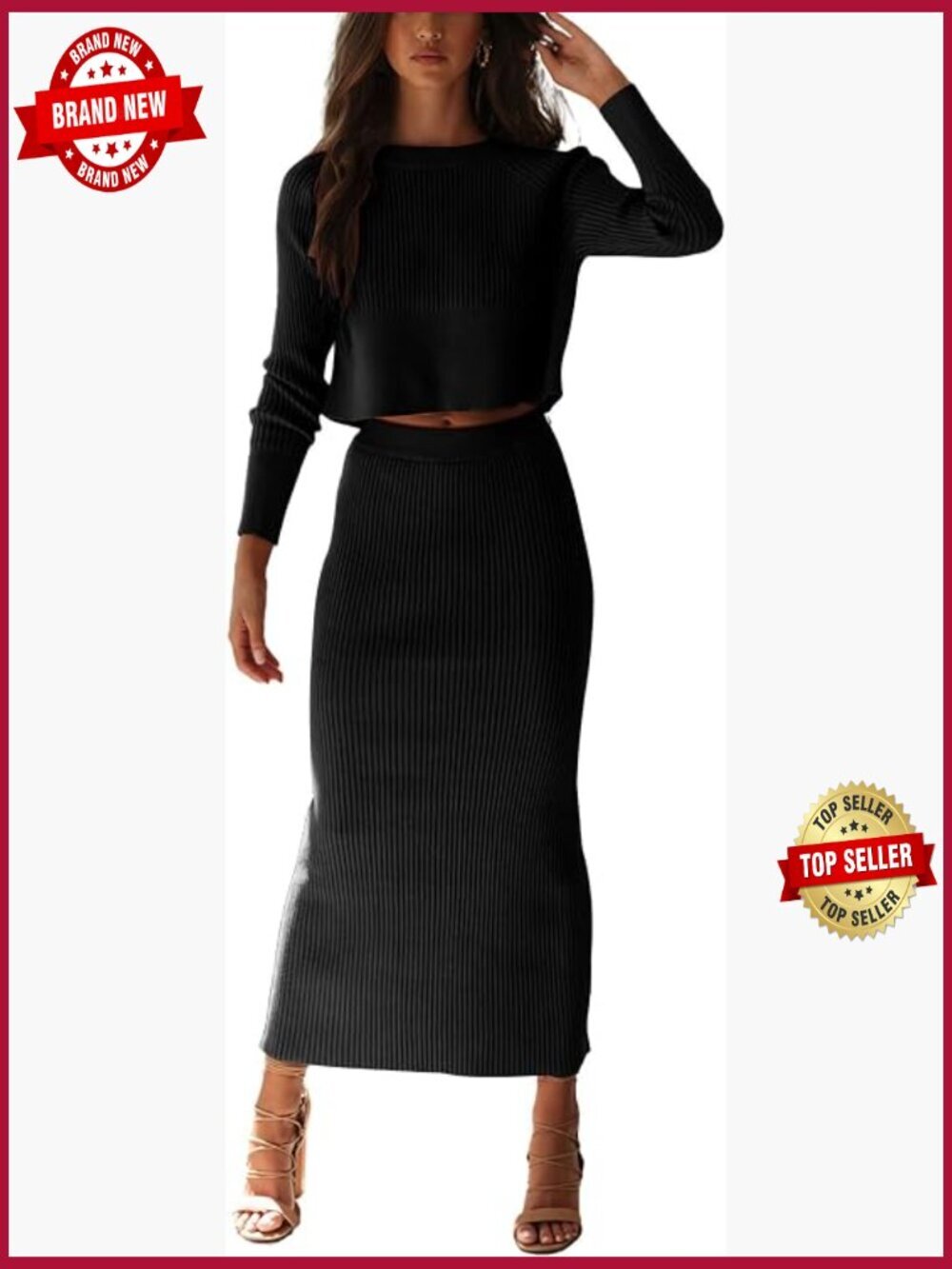 Ribbed Sweater Crop Top & Maxi Bodycon Skirt Set 2 Piece Outfit